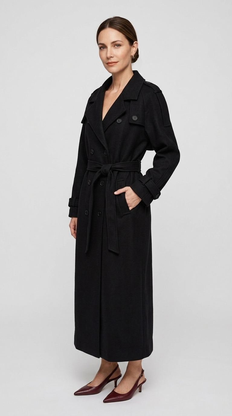 Women's black belted trench coat side profile showing the slim sleeve, tied waist belt and below the knee length