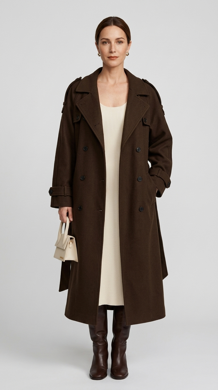 Women's long brown trench coat worn open over a cream dress, front view showing wide lapels and double breasted buttons