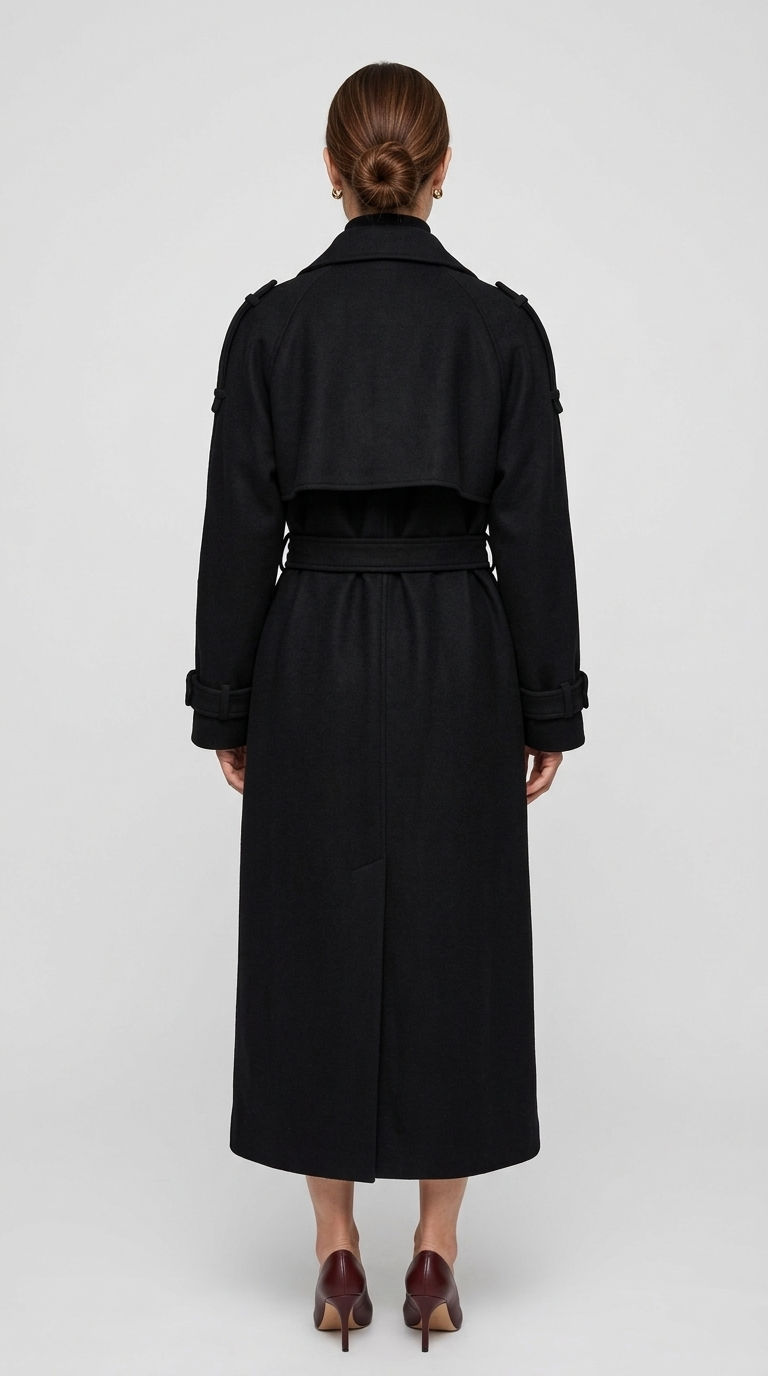 Black long trench coat back view showing the shoulder yoke, back belt, epaulettes and center back vent