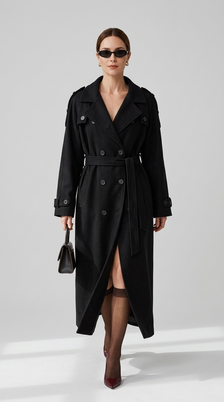 Black double breasted trench coat for women worn walking, full body view with tied belt and front slit in motion