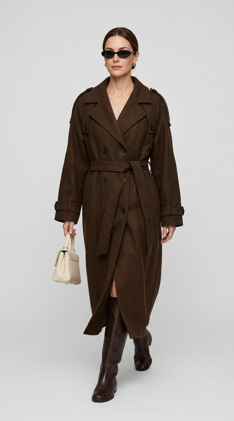Brown belted trench coat for women worn walking with knee high boots, full body view of the tied waist and long hem