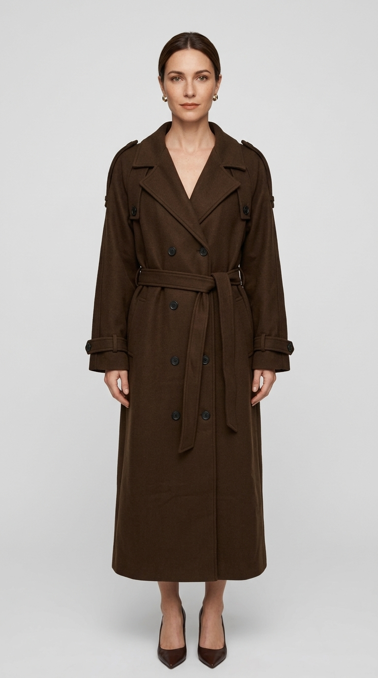 Long brown double breasted trench coat buttoned and belted at the waist, front view with epaulettes and cuff tabs