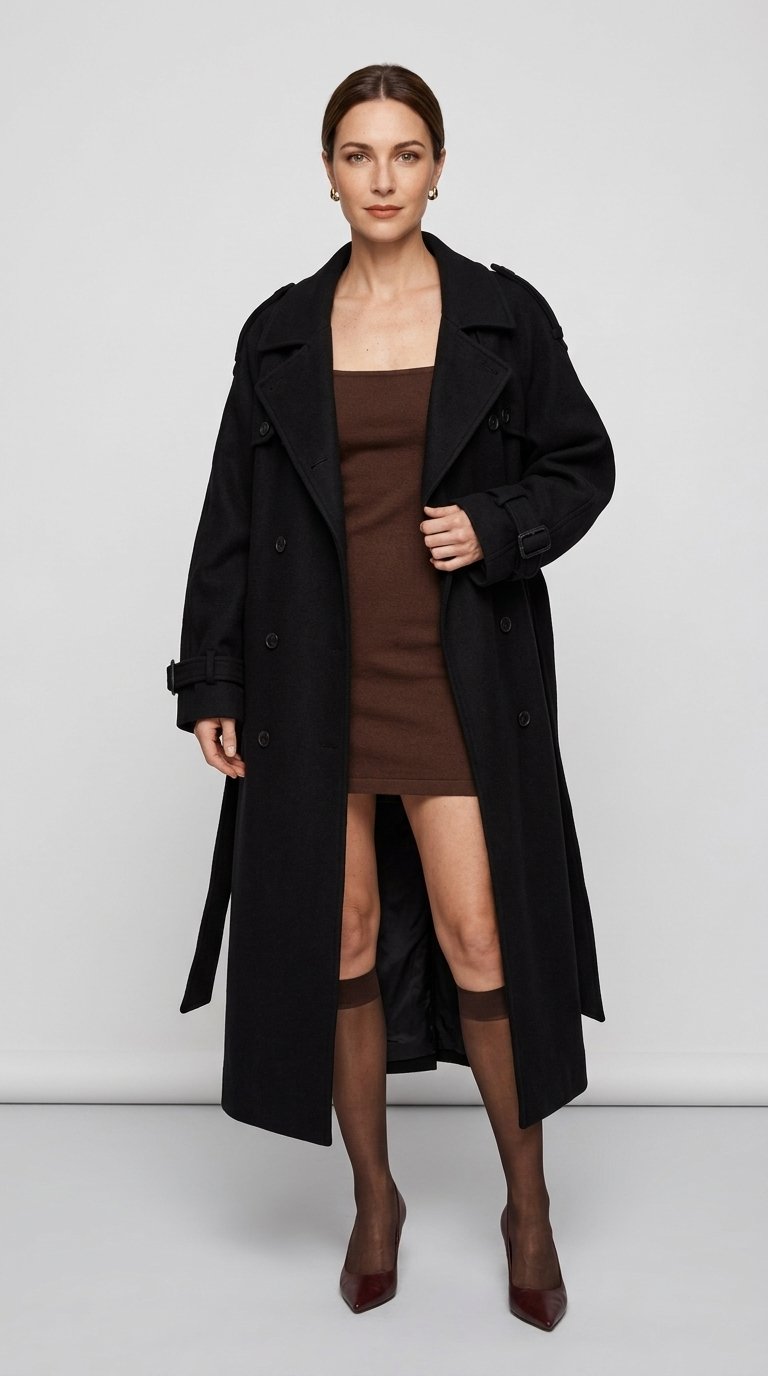 Long black trench coat worn open over a brown mini dress, three quarter view showing the lapels and long length