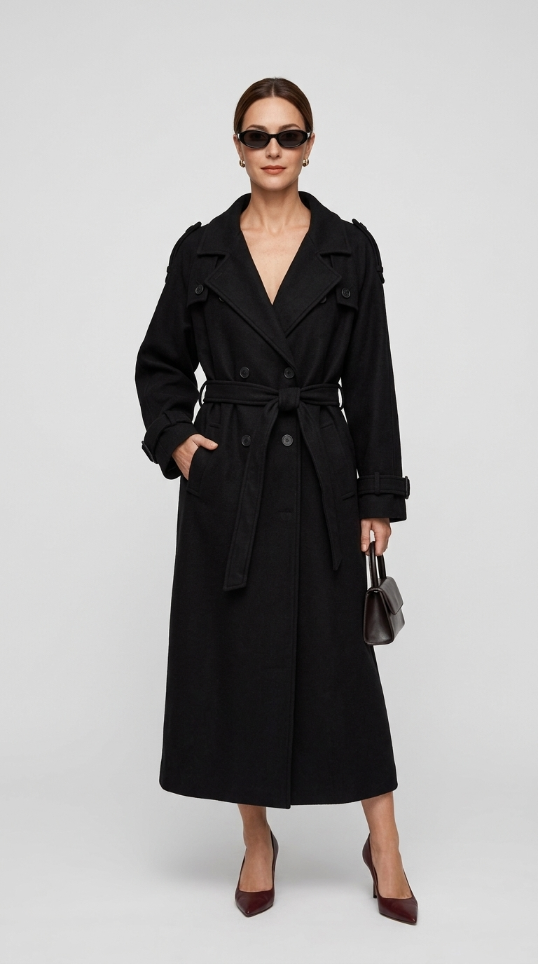 Women's black long trench coat belted at the waist with hand in side pocket, full body front view on a model